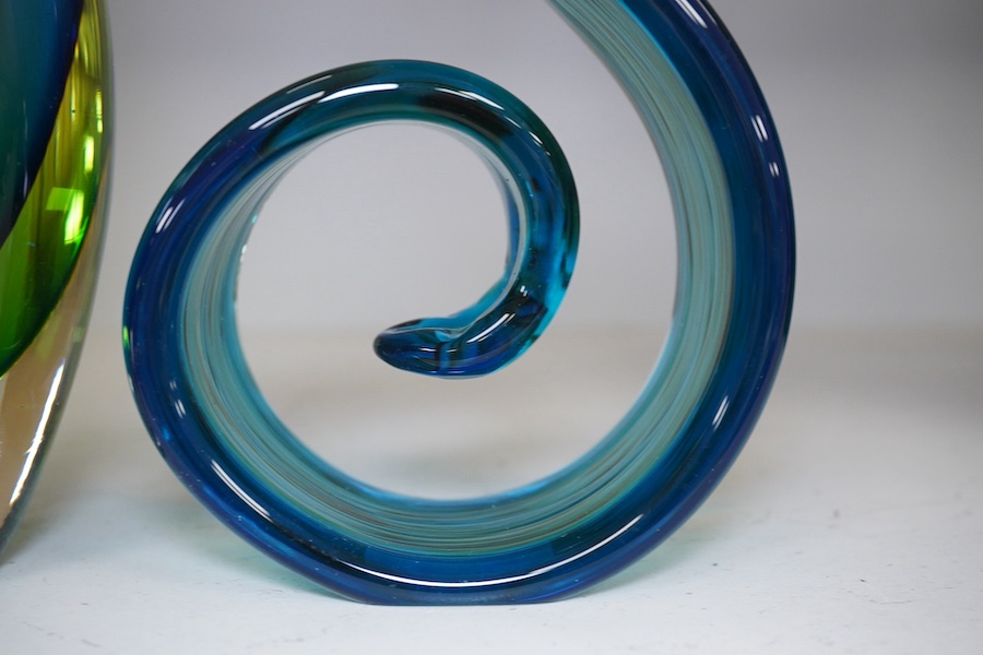 A Murano Sommerso two colour glass vase, 21.5cm high, and a sculptural glass piece, 29cm high. Condition - good.